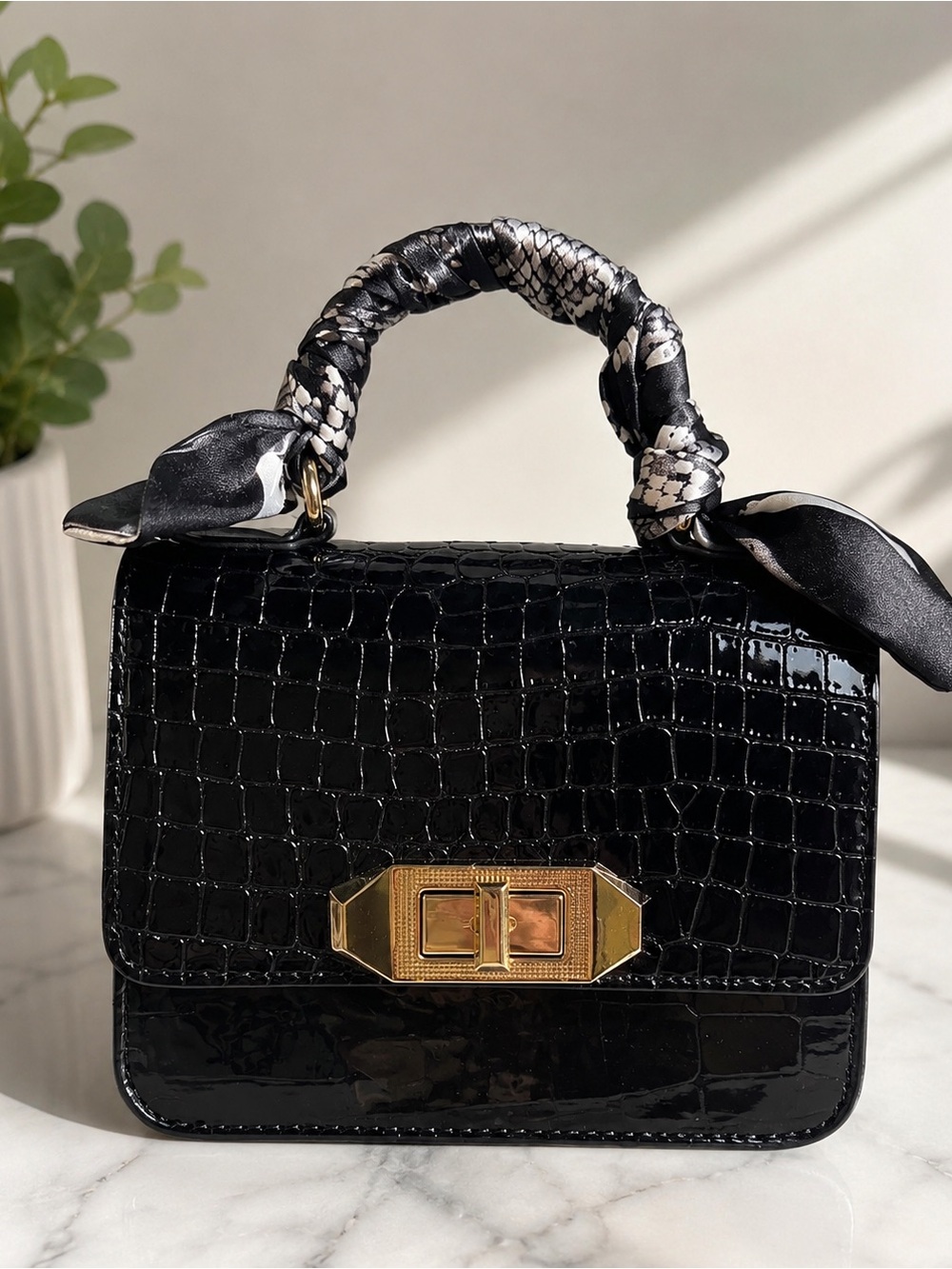 ALDO Black Croc Embossed Mini Top Handle Handbag